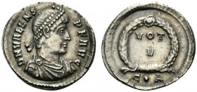 Valens (364-378). AR Siliqua (19mm, 2.20g, 6h). Constantinople, 364-7. Pearl-diademed, draped and cuirassed bust r. R/ VOT/V in two lines within laure...