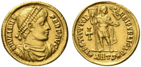 Valens (364-378). AV Solidus (21mm, 4.41g, 5h). Antioch, 366-7. Pearl-diademed, draped and cuirassed bust r. R/ Valens standing facing, head r., holdi...