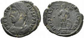 Procopius (Usurper, 365-366). Æ (20.5mm, 3.16g, 12h). Heraclea. Pearl-diademed, draped and cuirassed bust l. R/ Procopius standing facing, head r., ho...