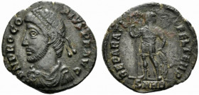 Procopius (Usurper, 365-366). Æ (18mm, 2.85g, 12h). Heraclea. Pearl-diademed, draped and cuirassed bust l. R/ Procopius standing facing, head r., hold...