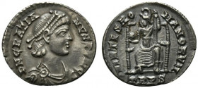 Gratian (367-383). AR Siliqua (18mm, 2.16g, 12h). Treveri, 378-383. Pearl-diademed, draped and cuirassed bust r. R/ Roma seated facing on throne, head...