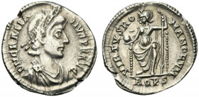 Gratian (367-383). AR Siliqua (19mm, 2.09g, 6h). Aquileia, 378-383. Diademed, draped and cuirassed bust r. R/ Roma enthroned facing, head l., holding ...