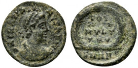 Gratian (367-383). Æ (13.5mm, 0.93g, 5h). Heraclea, 378-383. Pearl-diademed, draped and cuirassed bust r. R/ VOT/XX/MVLT/XXX in four lines within wrea...