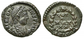 Theodosius I (379-395). Æ (15mm, 1.89g, 11h). Siscia, 379-83. Pearl-diademed, draped and cuirassed bust r. R/ VOT/X/MVLT/X in four lines within wreath...