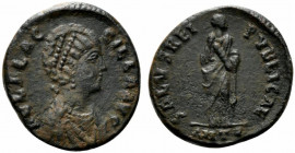 Aelia Flaccilla (Augusta, 379-386/8). Æ (22mm, 5.75g, 11h). Antioch, 383-388. Pearl diademed and draped bust r. R/ Flacilla standing facing, arms rais...