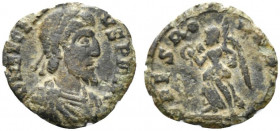 Eugenius (392-394). Æ (13mm, 0.73g, 6h). Uncertain mint. Pearl-diademed, draped and cuirassed bust r. R/ Victory advancing l. holding wreath and palm;...