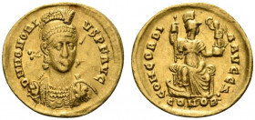 Honorius (393-423). AV Solidus (19mm, 4.45g, 6h). Constantinople, 395-402. Pearl-diademed, helmeted and cuirassed bust facing slightly r., holding spe...