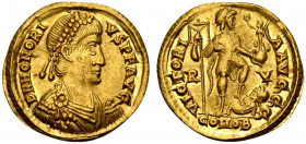 Honorius (393-423). AV Solidus (21mm, 4.49g, 12h). Ravenna, 402-6. Pearl-diademed, draped and cuirassed bust r. R/ Honorius standing r., spurning capt...