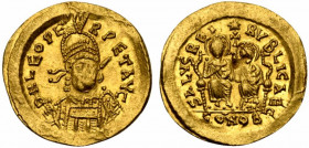 Leo II with Zeno (AD 474). AV Solidus (21.5mm, 4.50g, 6h). Constantinople. D N LEO PERPET AVG, Pearl-diademed, helmeted and cuirassed bust facing slig...