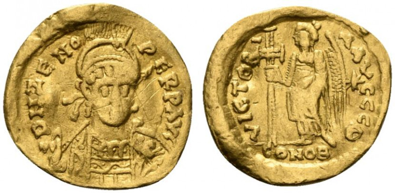 Zeno (Second reign, 476-491). AV Solidus (18mm, 4.03g, 6h). Constantinople, 477-...