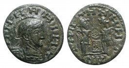 Barbaric issue, imitating Constantine I, c. 4th-5th century. Æ (17mm, 2.68g, 1h). Laureate, helmeted and cuirassed bust r. R/ Two victories standing f...