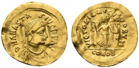 Anastasius I (491-518). AV Tremissis (15mm, 1.43g, 6h). Constantinople, 492-518. Diademed, draped and cuirassed bust r. R/ Victory advancing r., head ...