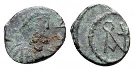 Anastasius I (491-518). Æ Nummus (10mm, 0.88g, 6h). Constantinople, 491-498. Diademed, draped and cuirassed bust r. R/ Monogram of Anastasius. MIBE 40...