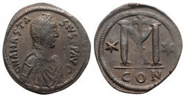 Anastasius I (491-518). Æ 40 Nummi (36mm, 19.33g, 6h). Constantinople, 498-518. Diademed, draped and cuirassed bust r. R/ Large M; star to l. and r., ...