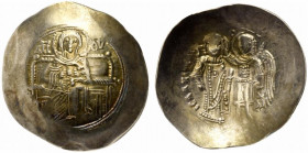 Isaac II (First reign, 1185-1195). EL Aspron Trachy (28mm, 3.98g, 6h). Constantinople. The Theotokos enthroned facing, holding infant Christ. R/ Isaac...