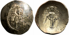 Isaac II (First reign, 1185-1195). BI Trachy (27mm, 4.44g, 6h). Constantinople. The Theotokos seated facing on throne, holding head of Holy Infant on ...