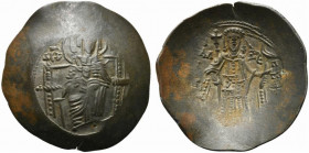 Isaac II (First reign, 1185-1195). BI Trachy (26mm, 4.05g, 6h). Constantinople. The Theotokos seated facing on throne, holding head of Holy Infant on ...