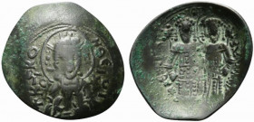 Alexius III (1195-1204). BI Aspron Trachy (22mm, 2.20g, 6h). Constantinople. Bust of Christ facing. R/ Alexius and St. Constantine standing facing, ho...