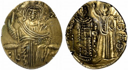 Empire of Nicaea, John III (1222-1254). AV Hyperpyron (22.5mm, 4.32g, 12h). Magnesia, c. 1232-1254. Christ Pantokrator enthroned facing; pellets at en...