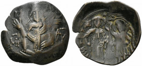 Michael VIII Palaeologus (1261-1282). Æ Trachy (27mm, 3.50g, 6h). Constantinople. The Virgin Hagiosoritissa standing facing orans. R/ Emperor standing...