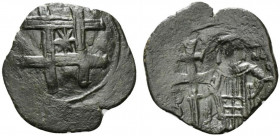 Andronicus II Palaeologus (1282-1328). Æ Trachy (20mm, 1.92g). Thessalonica. Star at centre of lattice pattern. R/ Andronicus standing facing, holding...