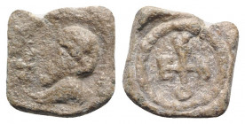 Byzantine Pb Seal, c. 7th-11th century (17mm, 4.28g, 12h). Bearded bust l.; cross before. R/ Cruciform monogram. VF