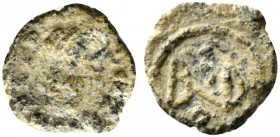 Burgundians, Gundobad (473-516). Æ (12mm, 1.19g, 12h). Diademed, draped and cuirassed bust r. R/ Monogram of Gundobad within wreath. Cf. RIC X 3785. R...