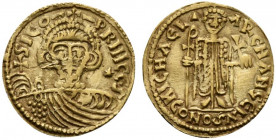 Lombards, Beneventum. Sico (817-832). AV Solidus (21mm, 3.98g, 12h). Crowned, draped and cuirassed bust facing, holding globus cruciger; tiny triangle...