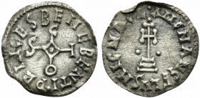 Lombards, Beneventum. Sico (817-832). AR Denaro (18.5mm, 1.10g, 6h). Sico monogram. R/ Cross potent on two steps between two pellets. CNI 91; cf. MEC ...