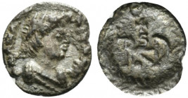 Ostrogoths, Theoderic (493-526). AR Quarter Siliqua (10mm, 0.65g, 5h). In the name of Anastasius I. Ravenna, 493-518. Pearl-diademed and mantled bust ...