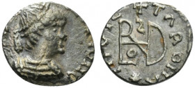 Ostrogoths, Theoderic (493-526). AR Quarter Siliqua (9.5mm, 0.70g, 5h). In the name of Anastasius I. Mediolanum, c. 491-501. Pearl-diademed and mantle...
