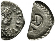 Ostrogoths, Theoderic (493-526). AR Quarter Siliqua (11mm, 0.39g, 6h). In the name of Anastasius I. Mediolanum or Ticinum. Pearl-diademed and mantled ...