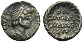 Ostrogoths, Athalaric (526-534). AR Quarter Siliqua (11mm, 0.70g, 6h). In name of Justinian I, Ravenna, c. 526-534. Diademed and draped bust r. R/ Leg...