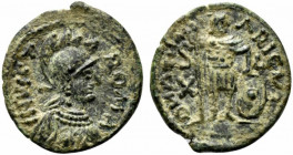 Ostrogoths, Athalaric (526-534). Æ 10 Nummi (16.5mm, 2.14g, 6h). Rome. Helmeted bust of Roma r. R/ Athalaric standing facing, holding shield with l. h...