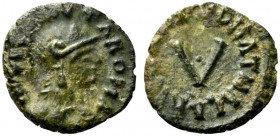 Ostrogoths, Athalaric (526-534). Æ 5 Nummi (14mm, 1.13g, 6h). Rome. Helmeted bust of Roma r. R/ + D N ATHALARICVS REX around V. COI 87b; BMC 60; MEC 1...