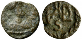 Ostrogoths, Theodahad (534-536). Æ (8.5mm, 0.59g, 3h). Rome. Diademed, draped and cuirassed bust r. R/ Monogram within wreath. COI 91a; BMC 15. Near V...