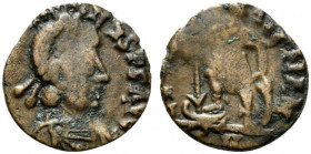 Vandals(?). Pseudo-Imperial coinage, c. mid 5th century. Æ (12mm, 0.82g, 12h). Pearl diademed, draped and cuirassed imperial bust r. R/ Garbled legend...