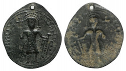 Crusaders or Byzantine, Uncertain Rule. Æ Medal (24mm, 1.24g). King standing facing, holding long cross and sword. R/ Incuse of reverse. Very Rare. Gr...