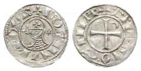 Crusaders, Antioch. Bohemund III (1163-1201). AR Denier (17.5mm, 0.98g, 1h). Helmeted and mailed head l.; crescent before, star behind. R/ Cross patté...
