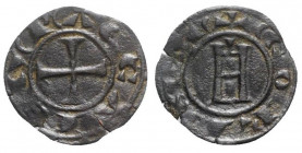 Crusaders, Principality of Achaea. Guillaume II de Villehardouin (1246-1278). BI Denier (17mm, 0.64g, 11h). Corinth. Cross pattée. R/ City gate. Cf. T...