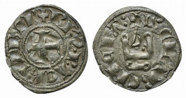 Crusaders, Principality of Achaea. Philippe de Taranto (1307-1313). BI Denier (20mm, 0.70g, 1h). Corinth. Cross pattée; pellet in fourth quarter. R/ C...