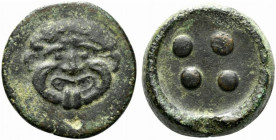 Sicily, Himera, c. 430-420 BC. Replica of Æ Trias (26.5mm, 21.49g). Facing gorgoneion with protruding tongue and furrowed cheeks. R/ Four pellets. Cf....