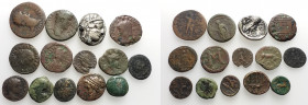Mixed lot of 14 Greek, Roman and Byzantine Æ coins, including a Fourrèe Tetradrachm of Athens. Lot sold as is, no return