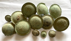 Large lot of 13 (thirteen) Greek - Roman bronze and iron studs, perhaps belonging to armour; ca. 4th - 3rd centuries BC; diameter cm 2 to 5 each