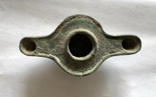 Roman bronze double oil lamp; untouched green patina; ca. 1st - 3rd centuries AD; length ca. cm 10