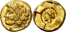 (405-400 a.C.). Sicilia. Siracusa. Trihemióbolo de oro. (S. 947) (CNG. II, 1289). Acuñada bajo Dionisio I. 1,13 g. MBC+.