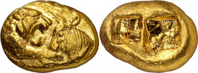 (560-546 a.C.). Lidia. Estátera de oro. (S. 3415). Acuñada en tiempos de Creso. Rara. 8,04 g. MBC+.