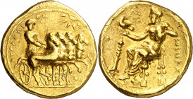 (322-308 a.C.). Cirenaica. Cirene. Estátera de oro. (S. 6300). Ex Heritage 28/09/2007, nº 50086. Rara. 8,54 g. MBC+.