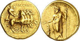 (322-308 a.C.). Cirenaica. Cirene. Estátera de oro. (S. 6301). Rara. 8,57 g. MBC.