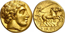 Imperio Macedonio. Filipo II (359-336 a.C.). Pella. Estátera de oro. (S. 6663 var) (CNG. III, 846 var). Rayita en anverso. Bella. 8,56 g. EBC.